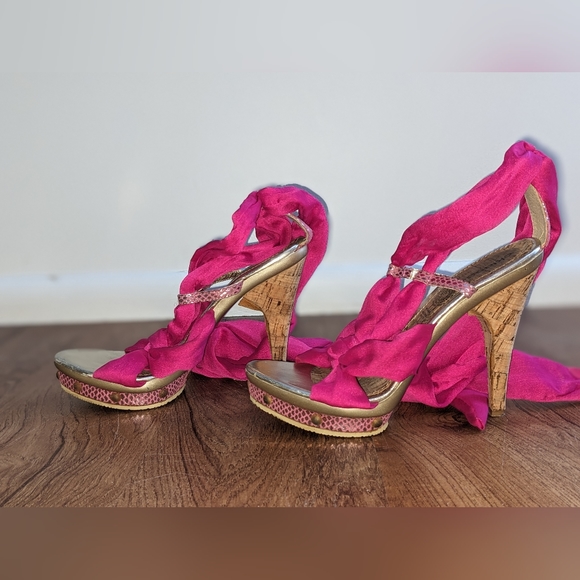 Hot Pink Cork Platform Heels Stiletto Wrapped Sandal - Picture 3 of 6